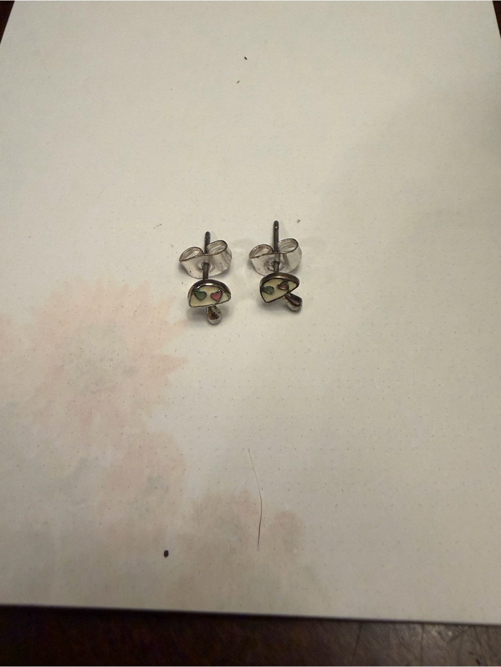 Sterling Silver Mushroom Stud Earrings with Green and Pink Hearts